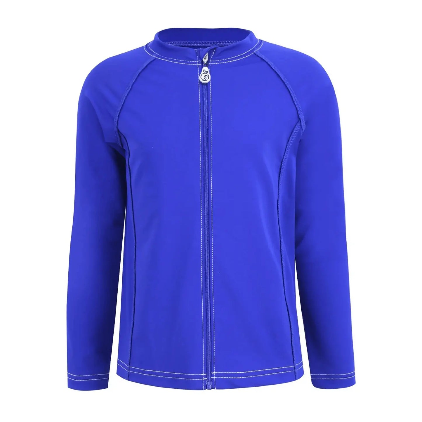 Display of a kid's long sleeve bright blue rash guard with a zip-up front