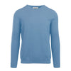 Close-up of the men's crew neck sweater in blue, crafted from saw dust