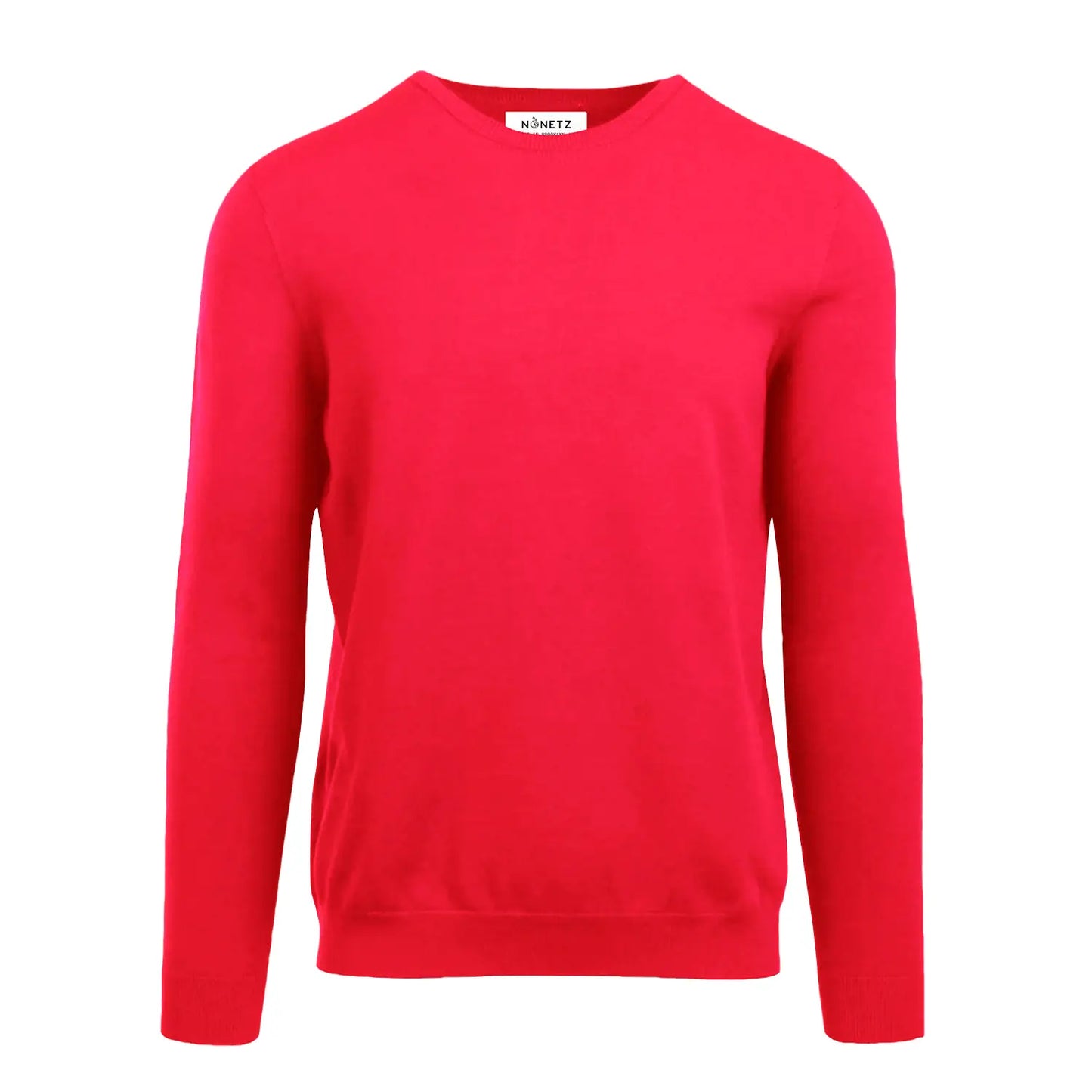 Front detail of the red men's crew neck sweater made from saw dust