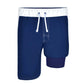 Front view of blue swim trunks with white trim for boys showing the blue liner