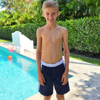 Boy standing in front of a pool in swim trunks