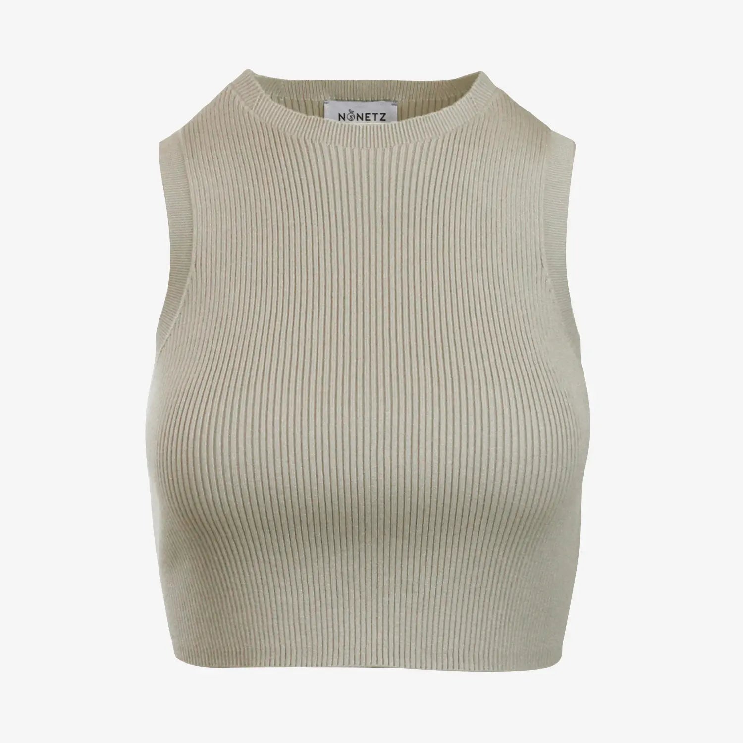 The Women's Camille Ribbed Crop Top showcased in a cement (tan) hue