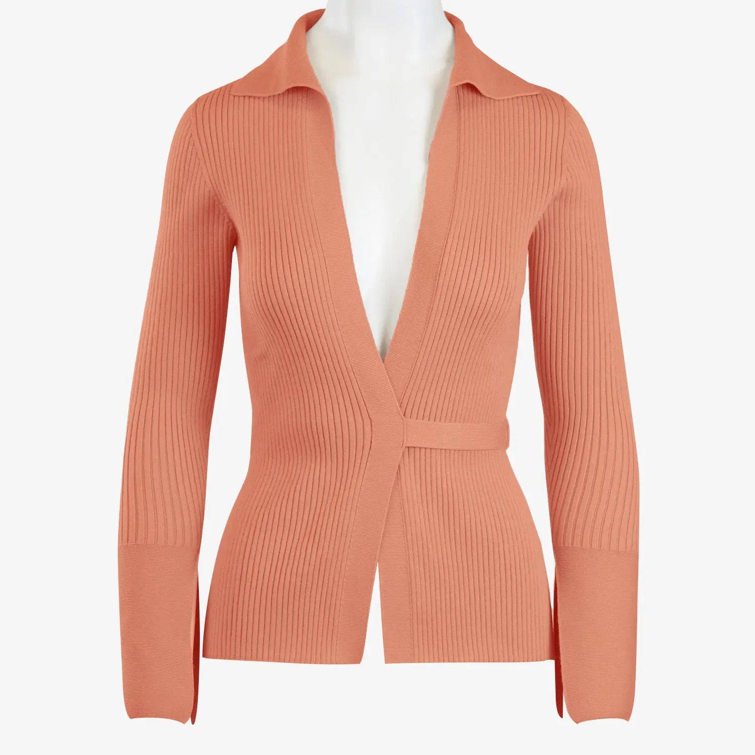 Front view of the Women's Delancey Wrap Sweater featured in a vibrant peach color